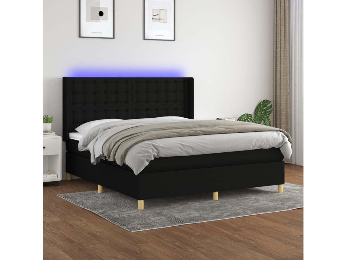 Vidaxl Cama Box Spring C/ Colchão E Led 160x200 Cm Tecido Preto