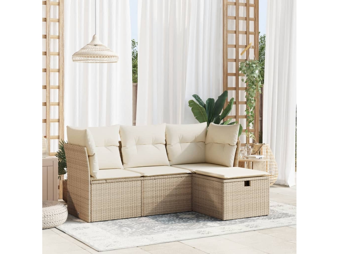4 Pcs Conjunto De Sofás Para Jardim C/ Almofadões Vime Pe Bege Lovely Home