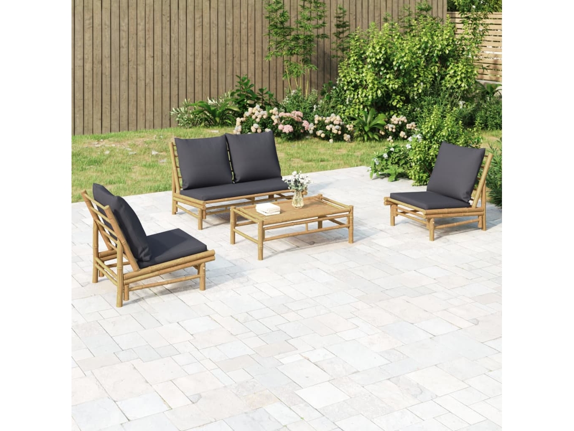 Vidaxl 4pcs Conj. Lounge De Jardim Bambu C/ Almofadões Cinzento-escuro