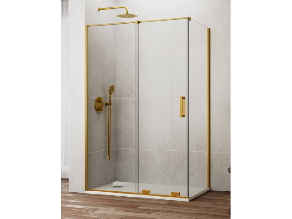 Cabine De Duche Cirene (kenna) 1+1 Com Painel Lateral Fixo 140x70 Cm Ouro Barra Paralela