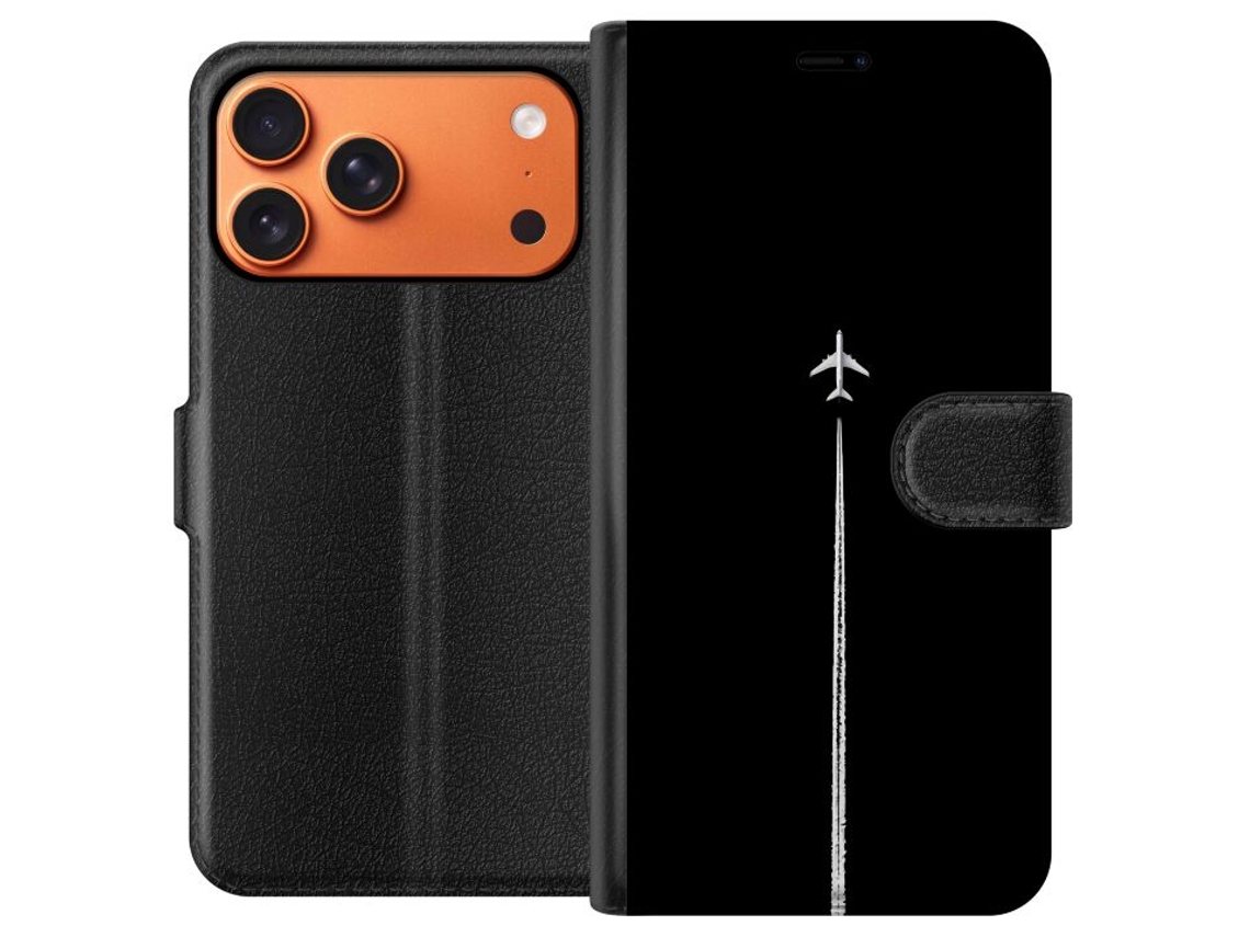 Capa Carteira Compatível Com Apple Iphone 17 Pro Max. Avião Decolando Com Rastros De Condensação Em Fundo Preto, Design Minimalista E Impactante.