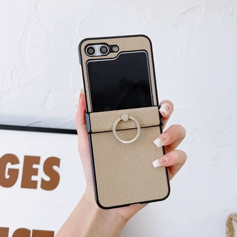 (bege, Galaxy Z Flip7) Capa Flip Para Celular Em Couro Com Textura De Lichia, Resistente A Quedas, Com Suporte De Anel De 360°.