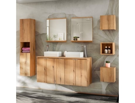 Conjunto de móveis de casa de banho Newport 7pc com lavatório duplo 140 cm - Carvalho