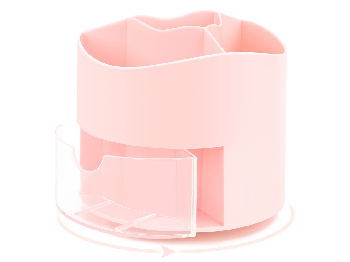 Porta-lápis giratório rosa Slowmoose com 4 compartimentos, porta-pincel de maquiagem, organizador de mesa para casa e escritório