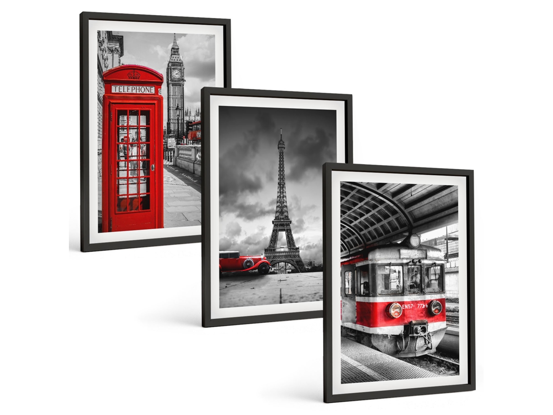 Conjunto De Pinturas Ícones De Londres, Paris, Transporte Espelharte (3 Peças 40x60 Cm)