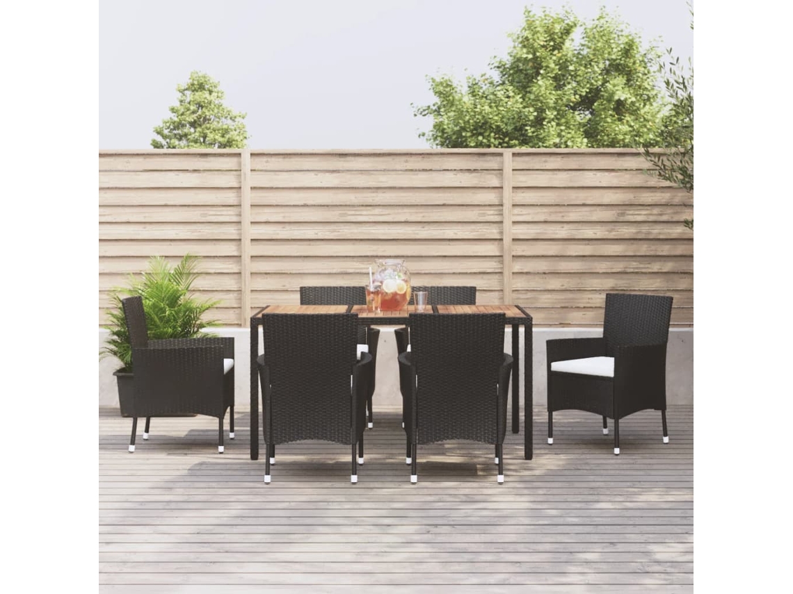 Vidaxl 7 Pcs Conjunto De Jantar P/ Jardim C/ Almofadões Vime Pe Preto