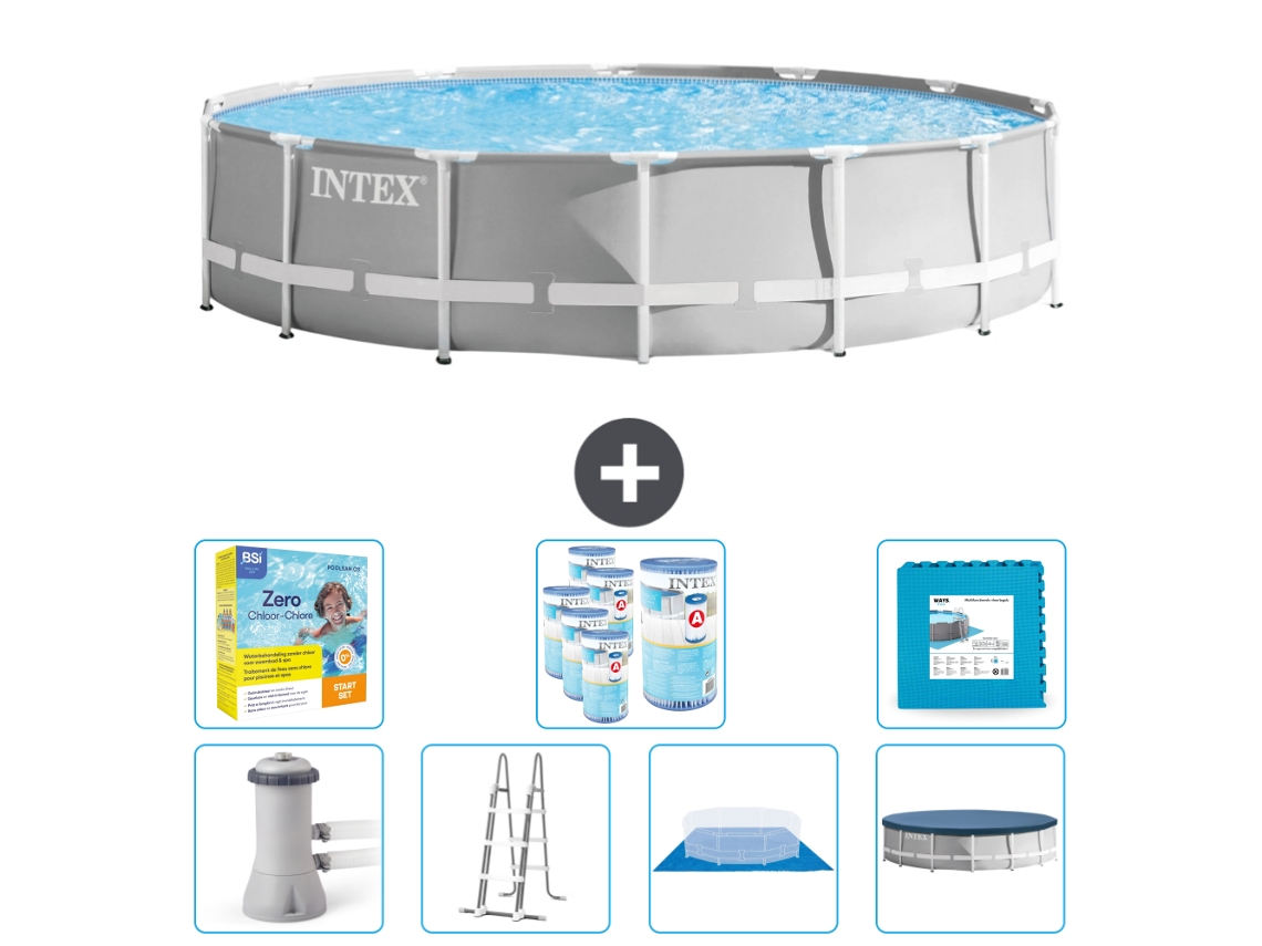 Piscina INTEX Round Prism Frame 427 X 107 Cm Cinza Inclui Bomba Escada Lençol Cobertura Pacote de Manutenção Filtros Ladrilhos