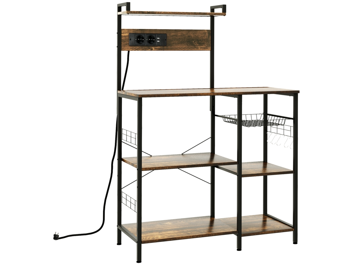 Estante para micro-ondas com tomada USB, 5 ganchos, 90x42x130cm, marrom rústico BTFORUS