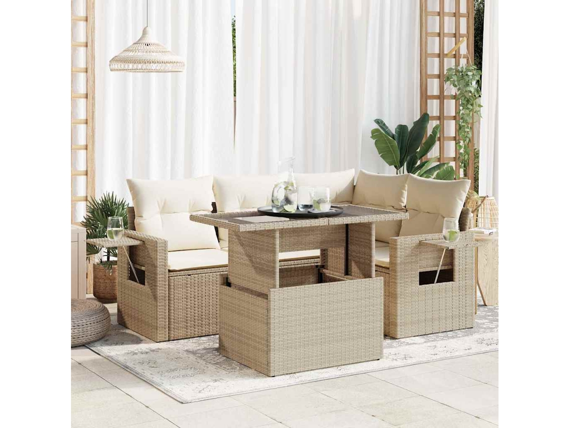 5 Pcs Conjunto De Sofás P/ Jardim Com Almofadões Vime Pe Bege Dkd Home Decor
