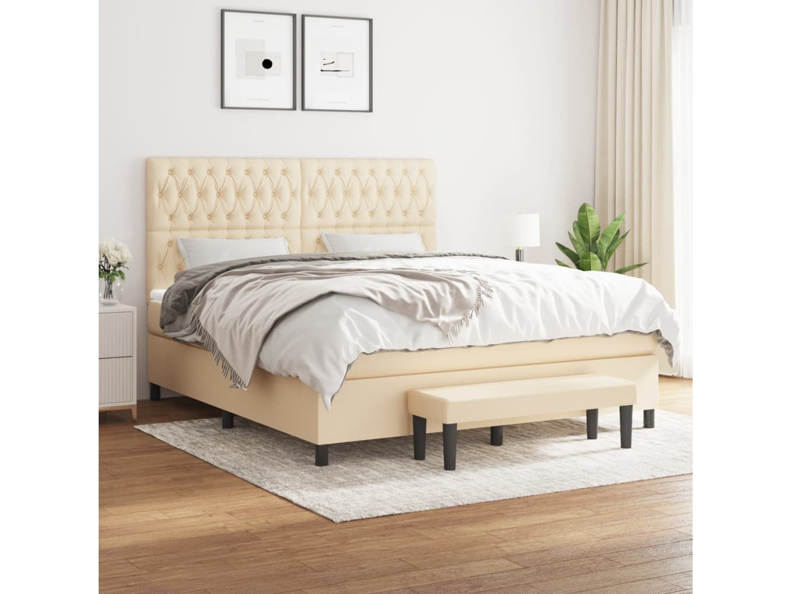Cama Com Molas/colchão 180x200 Cm Tecido Cor Creme