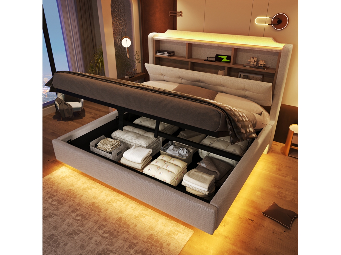 Cama flutuante 140x200 cm com LED, USB e USB-C, arrumação hidráulica integrada, estofada bege, sem colchão VSOGA