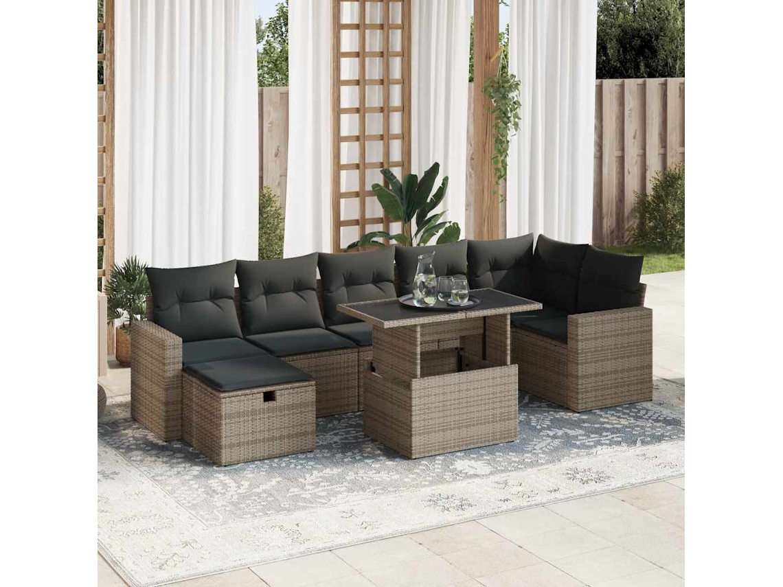 Vidaxl 8 Pcs Conjunto Sofás De Jardim C/ Almofadões Vime Pe Cinzento