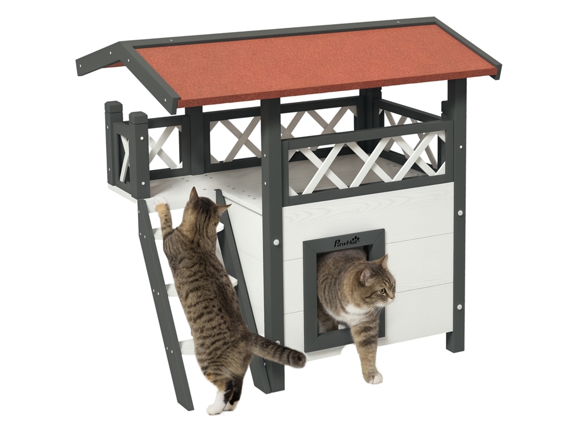 Casinha para Gatos de 2 Andares, 77x50x73 Cm, com Telhado de Asfalto, Escada e Varanda para Uso Externo, Branca. E TOWN COMMERCE GMBH