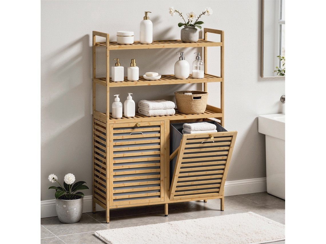 Móvel De Casa De Banho, 80 X 30 X 118 Cm, Bambu, Tecido, Carvalho