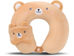 Travesseiro de viagem de espuma viscoelástica Slowmoose Kids com máscara de dormir (urso marrom)
