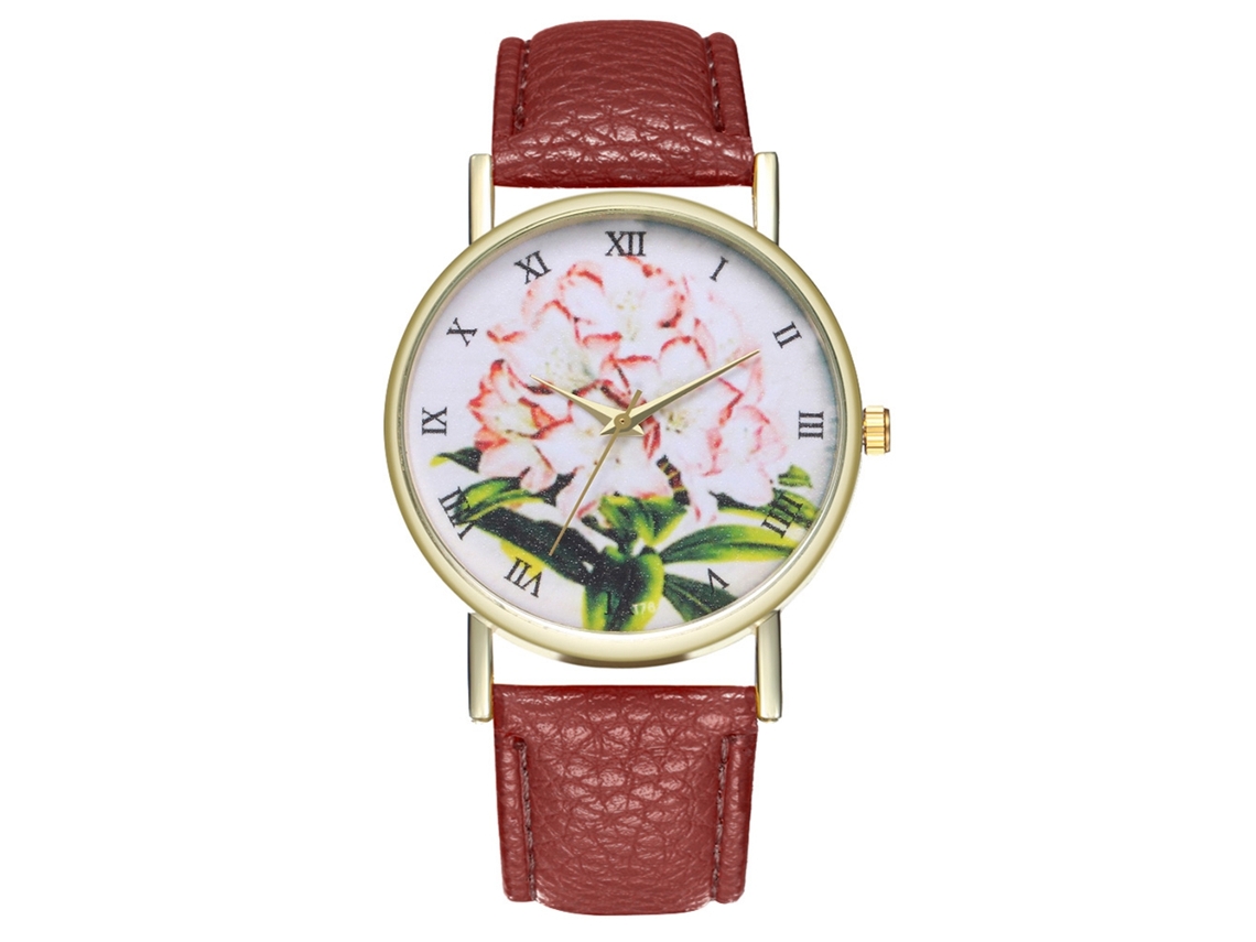 Reloj De Pulsera De Cuero Con Patrón De Plantas Moda Cuarzo Para Hombre Y Mujer Café
