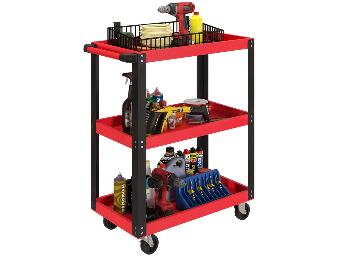 Carrinho de Oficina, 3 Andares, com Alça Lateral e Rodízios Traváveis, Vermelho, 70,5x35x82,5cm | S/MARCA