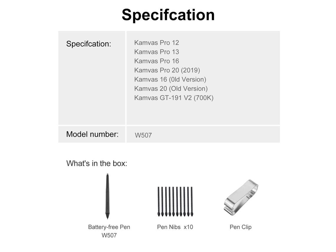 Caneta Huion W507, 8192 Níveis de Pressão, Kamvas Pro 12/13/16/20, com 10 Pontes S/MARCA