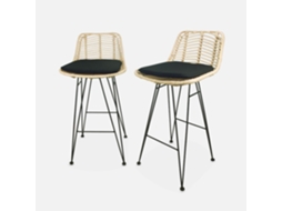 Banco Alto De Cozinha Em Metal E Rattan, Set De 2, Preto