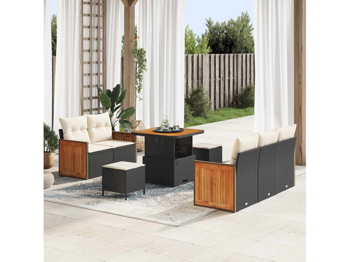 Vidaxl Conjunto De Sofá De Jardim Com Almofada 8 Pcs Preto E Creme