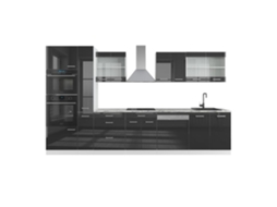Linha de cozinha R-Line, 350 cm com armário alto, Mármore PT, Antracite brilhante/branco, Vicco