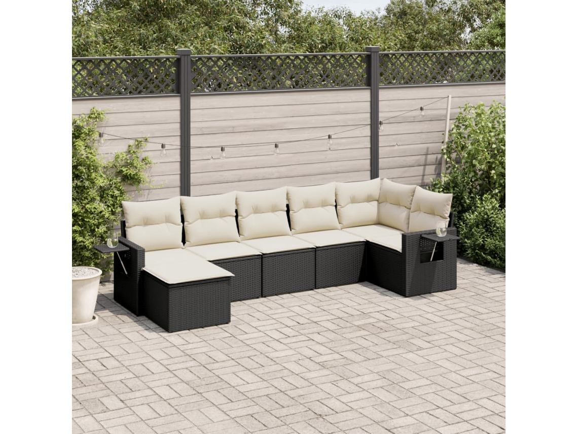 Jogo de Sofá 7 Peças P/ Jardim C/ Almofadões Vime Pe Preto Dkd Home Decor