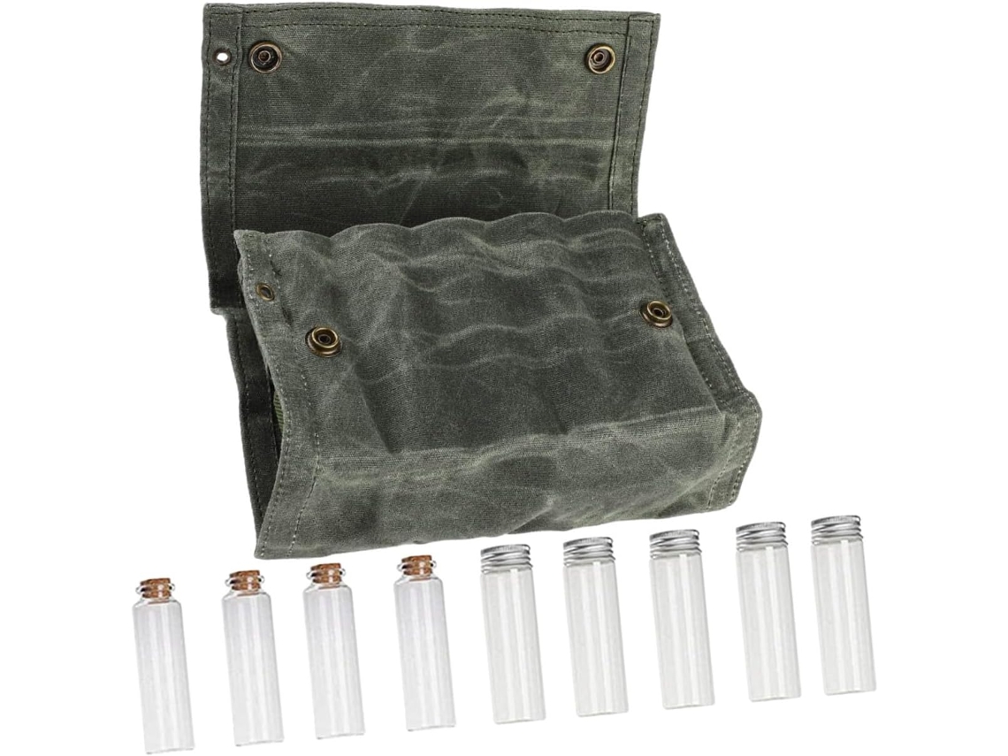 Porta-temperos portátil para camping, estilo militar, para 9 garrafas térmicas de alumínio e cortiça, com bolsa de lona.