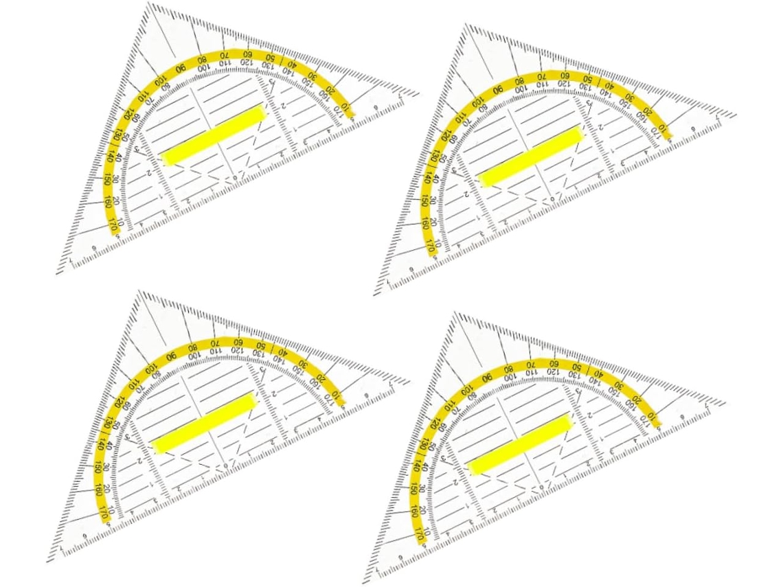 Régua triangular geométrica multifuncional para matemática, com cabo, 4 peças, para desenho técnico.