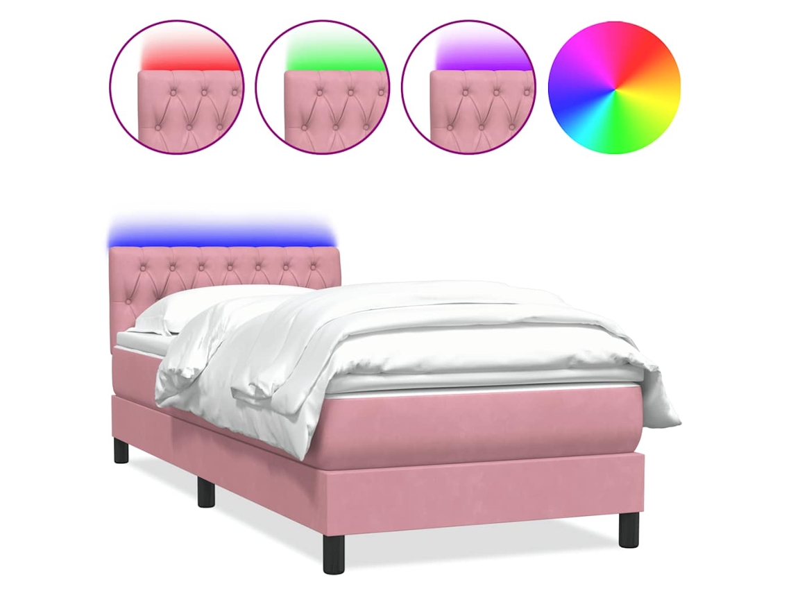 Cama Box Spring com Colchão e Led Rosa Veludo MAISON EXCLUSIVE (80x220 cm)