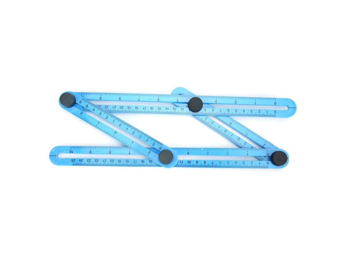 Régua azul de 4 lados com guia multiangular e gabarito deslizante, ferramenta de medição em plástico de 25 cm.