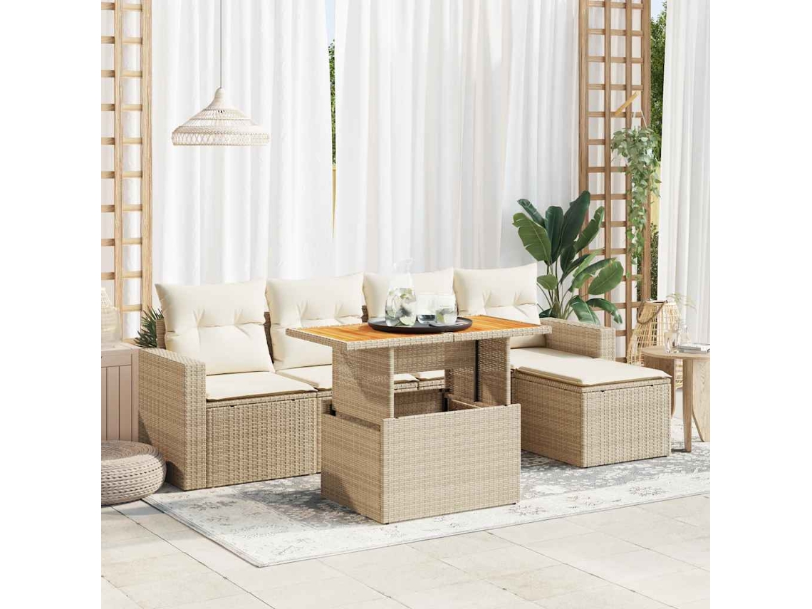 Vidaxl 6 Pcs Conjunto De Sofás P/ Jardim Com Almofadões Vime Pe Bege