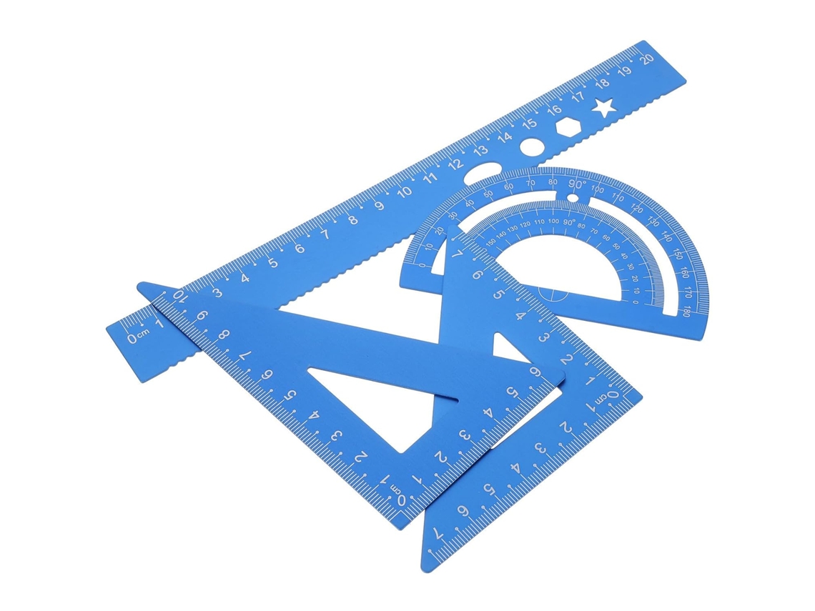 Kit De Régua Multifuncional 20cm Em Liga Alumínio Azul