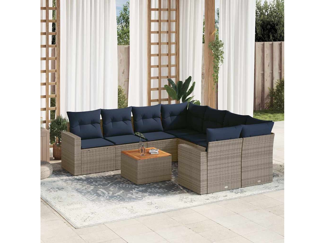 Vidaxl 9 Pcs Conjunto Sofás P/ Jardim C/ Almofadões Vime Pe Cinzento