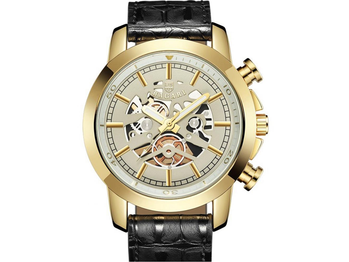 Relógio de pulso masculino à prova d'água com movimento de quartzo e pulseira vazada em couro PU (preto e dourado).