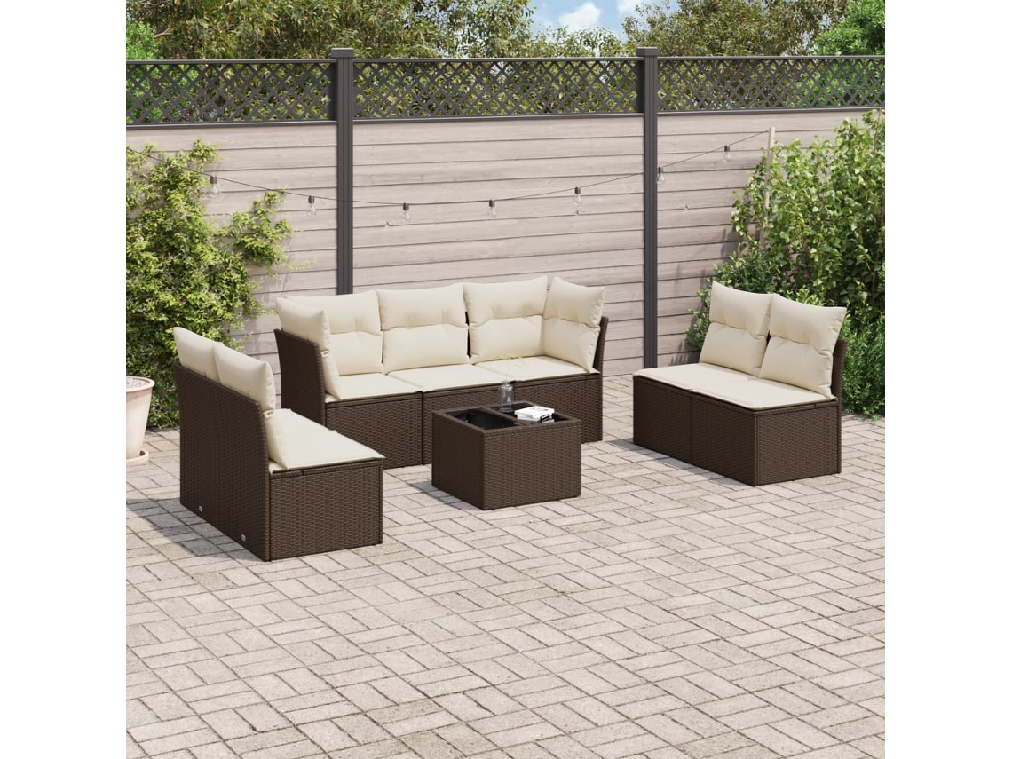 Vidaxl 8 Pcs Conjunto Sofás De Jardim C/ Almofadões Vime Pe Castanho