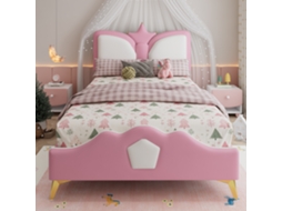 Cama Infantil 90x200cm Cabeceira Coroa, Estofada, Antichoque, Pu/metal, 136kg, Sem Colchão, Rosa/Branco KOMHTOM