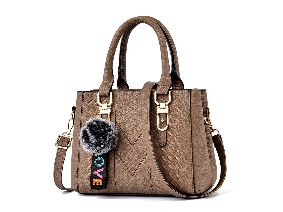 Bolsa Feminina de Grande Capacidade 2026, Bolsa de Ombro, Chaveiro com Pompom, Bolsa Pequena cáqui YUNZII