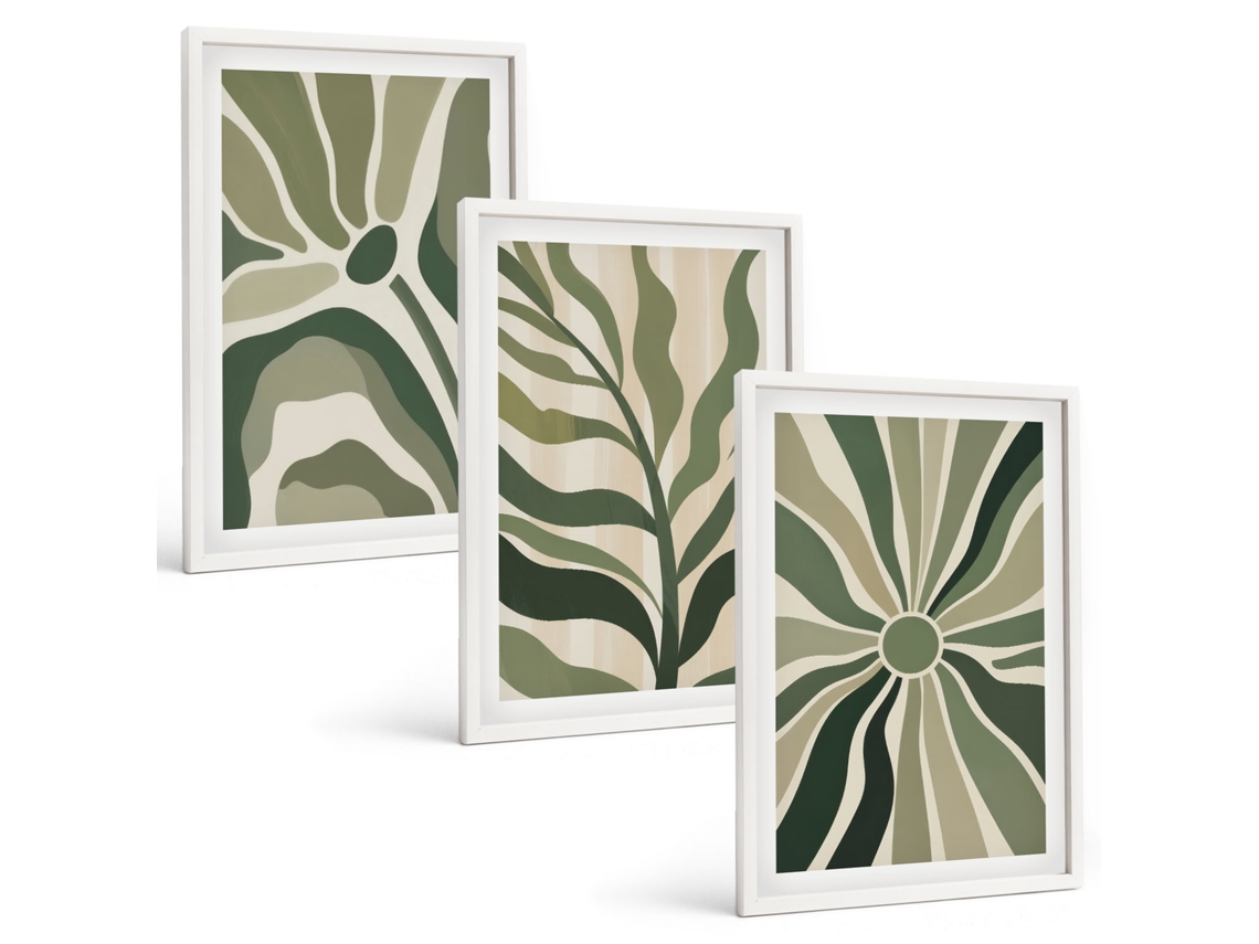 Conjunto De Pinturas Padrões De Plantas Em Bege E Verde Espelharte (3 Peças 40x60 Cm)