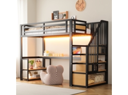 Cama Alta Metal 90x200 Led Tomada Escada Armazenamento Mesa Grade Preta