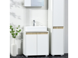 Armário para Lavatório Kleankin 57x33x60cm, 2 Portas, Armazenamento Interno e Anti tombo, Branco e Madeira para Banheiro