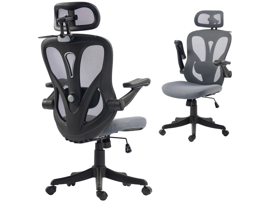 Cadeira De Escritório Ergonómica Com Braços 3d E Apoio De Cabeça Ajustável, Em Rede, Cinza