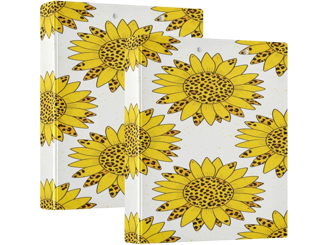 Conjunto de 1 ou 2 adesivos escolares com estampa de leopardo e girassol amarelo, três argolas com saquinhos internos.