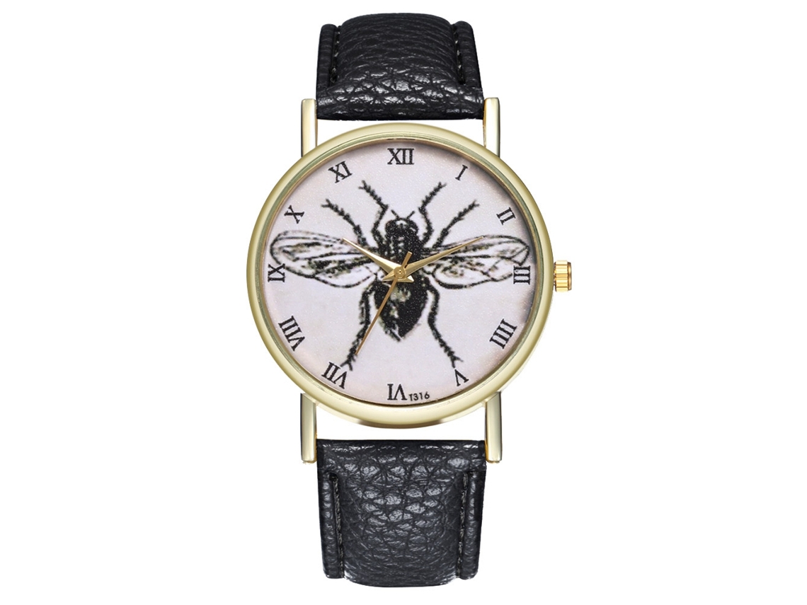 Relógio de Pulso Casal com Pulseira de Couro Padrão de Insetos Moderno Quartz Preto