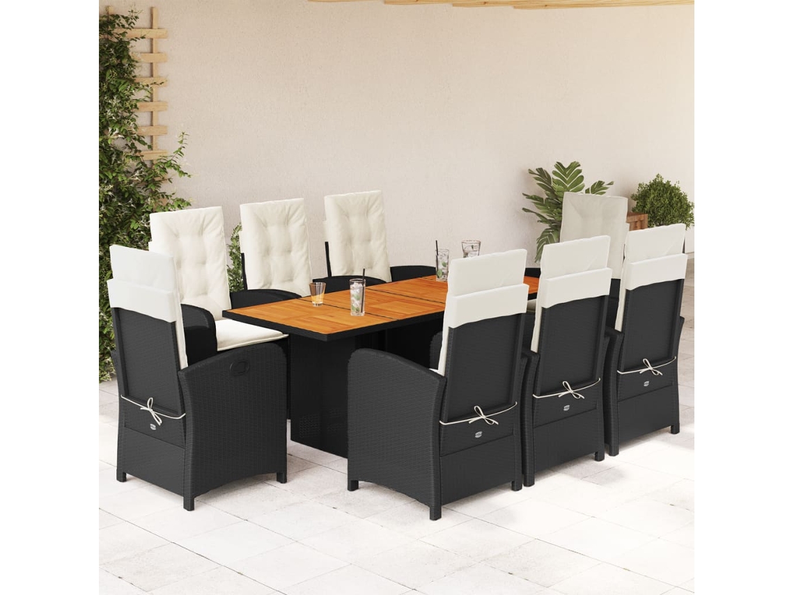 9 Pcs Conjunto De Jantar P/ Jardim C/ Almofadões Vime Pe Preto Dkd Home Decor