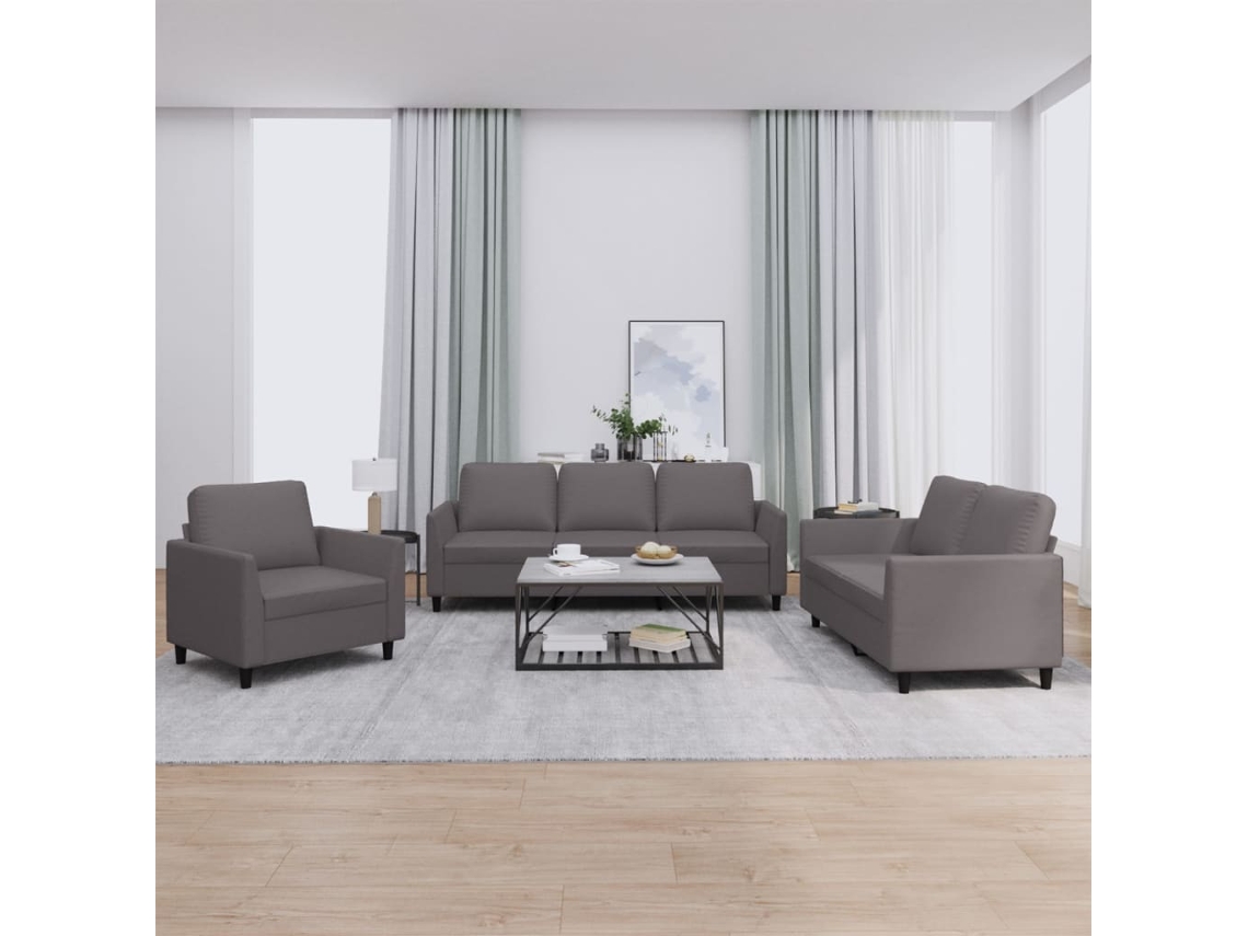 Vidaxl 3 Pcs Conjunto De Sofás C/ Almofadões Couro Artificial Cinzento