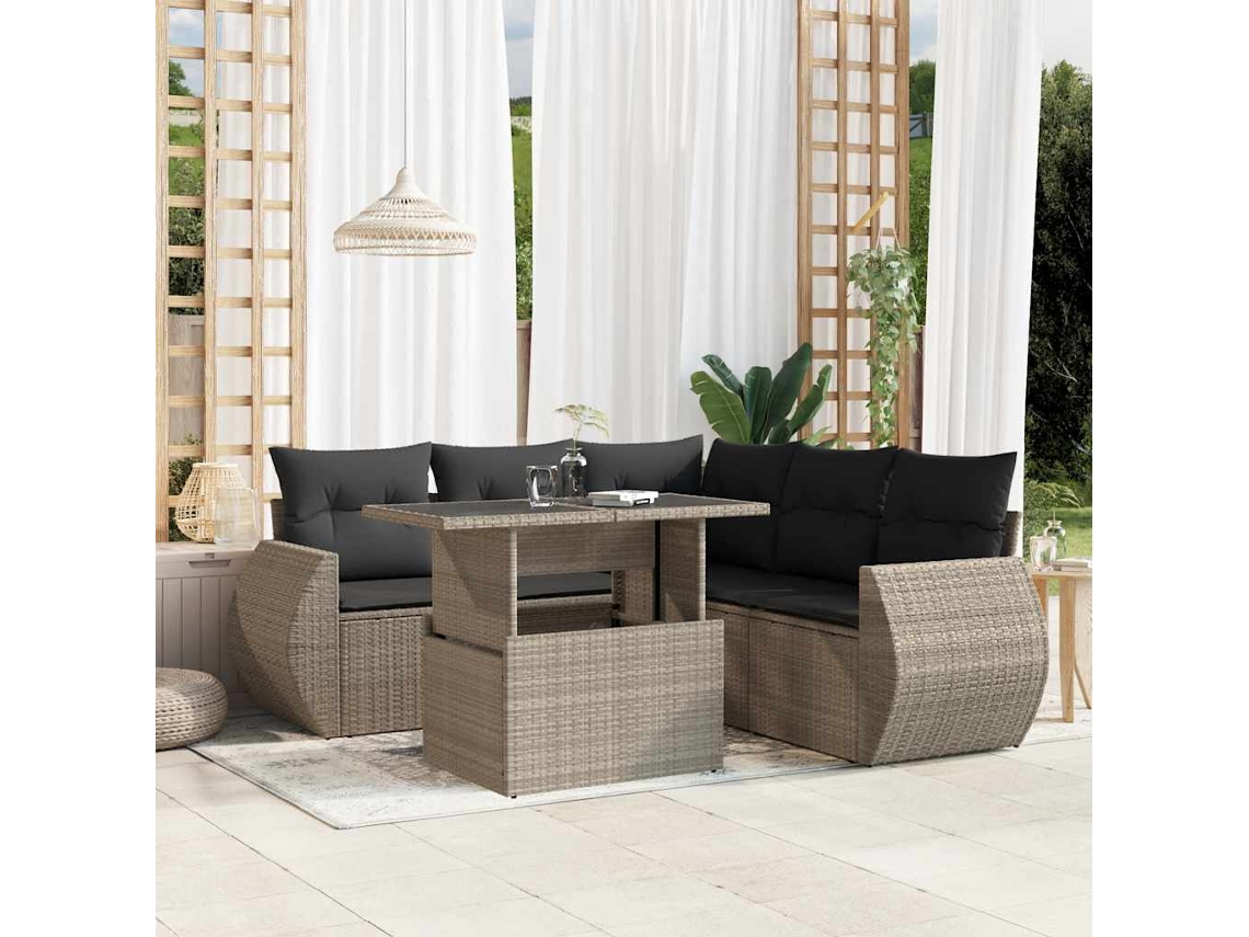 Vidaxl 6 Pcs Conj. Sofás Jardim Com Almofadões Vime Pe Cinzento-claro