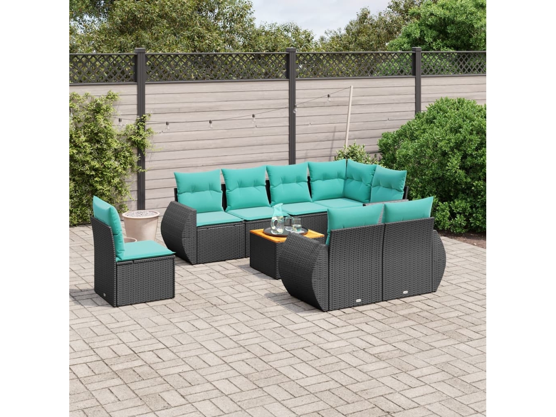 Vidaxl Conjunto De Sofá De Jardim De 9 Peças Com Almofadas Em Rattan Sintético Preto