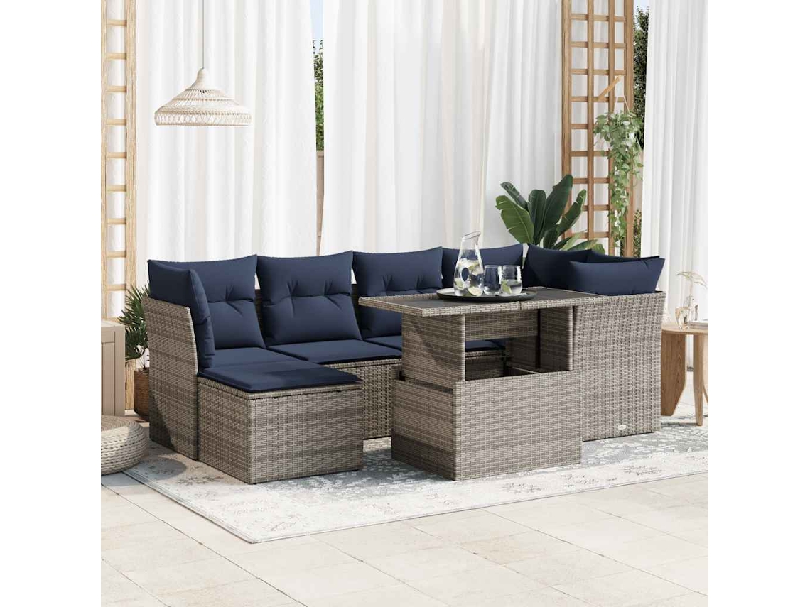 Vidaxl 7 Pcs Conjunto Sofás Jardim Almofadões Vime Pe/acácia Cinzento