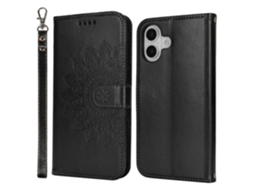 Capa Tipo Carteira De Couro Texturizado Com Suporte Para Iphone 16 E Alça Preta