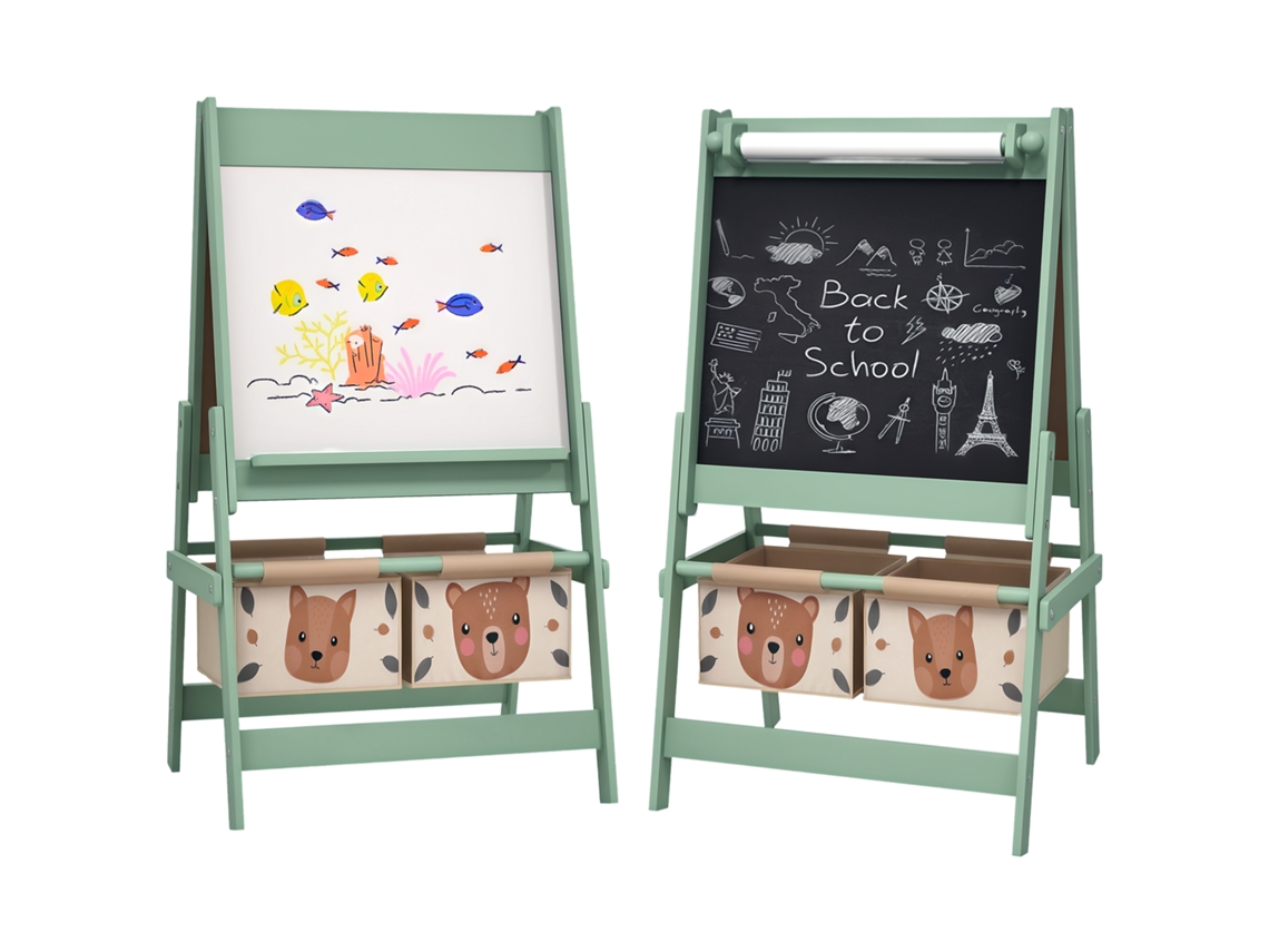 Cavalete Infantil com Quadro Branco, Quadro negro de Dupla Face, Rolo de Papel, 2 Cestos, 54 X 46,5 X 93 Cm, Verde CHEZMOI